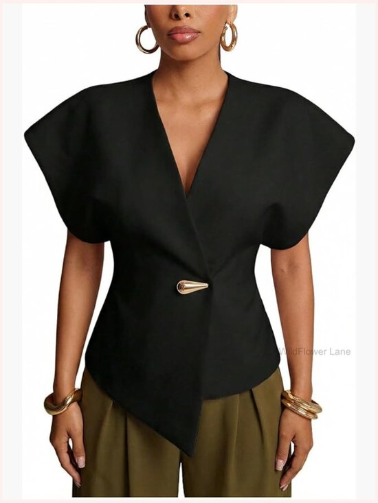 Tops - Women's V Neck Asymmetrical Blouse Short Sleeve Waistcoat Work Tops